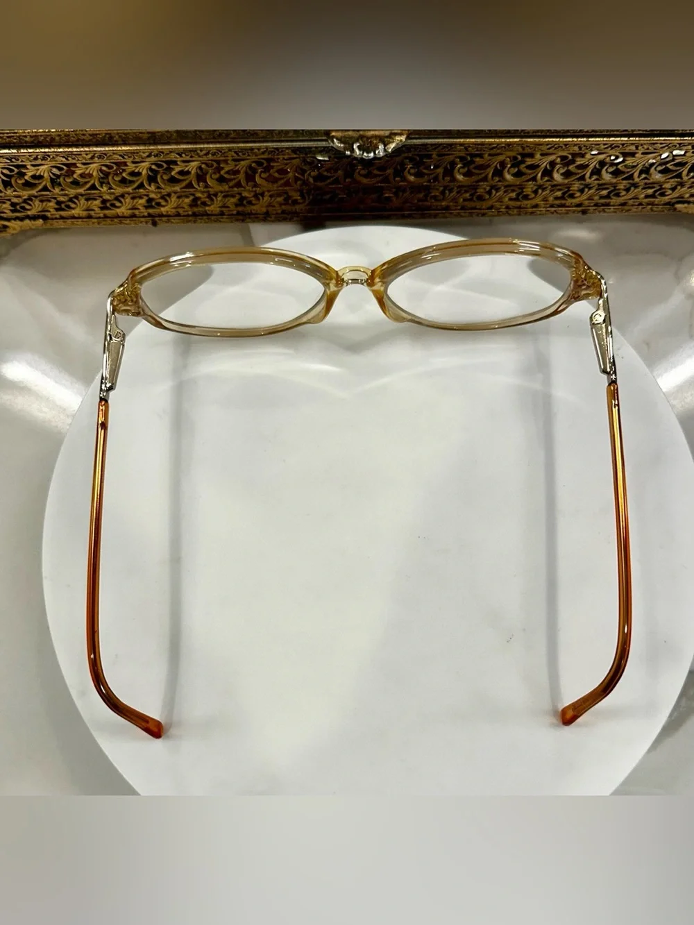 VTG Elizabeth Arden Orange & Gold Rounded Oval Patterned Rx Eyeglass Frames EUC
